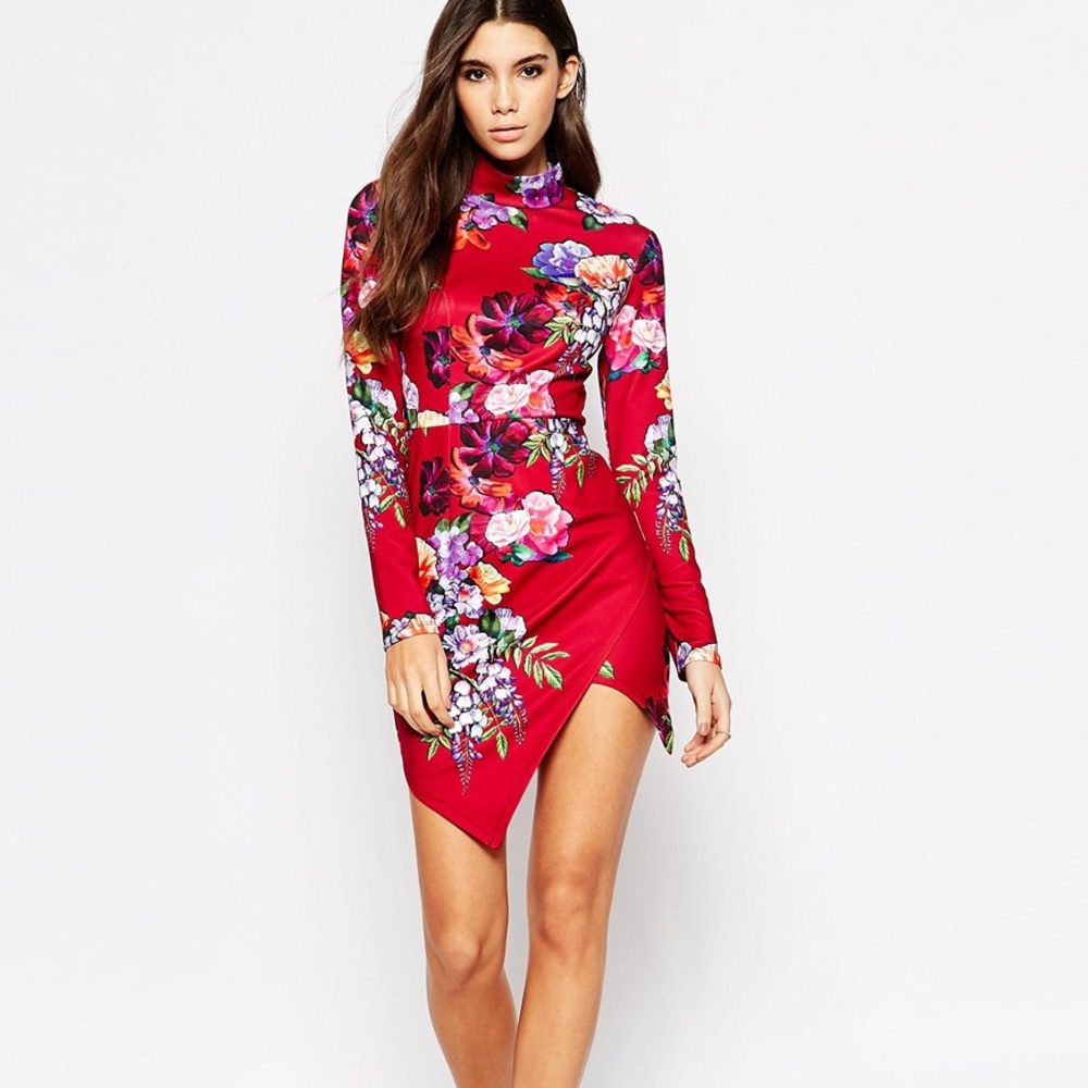 HIGH NECK ASYMMETRICAL HEM BODYCON DRESS